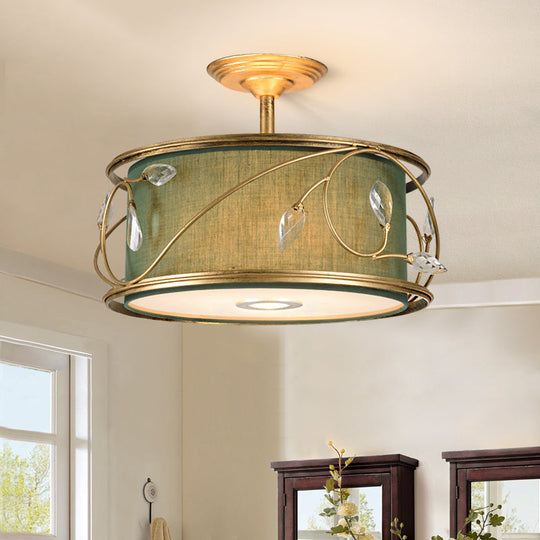 Country Style 3-Bulb Semi Flush Mount Ceiling Light in Green Fabric - 16"/19.5" Width