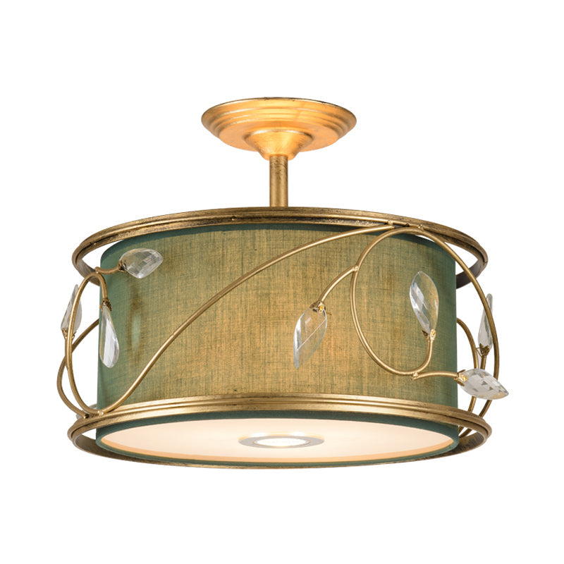 Country Style 3-Bulb Semi Flush Mount Ceiling Light in Green Fabric - 16"/19.5" Width