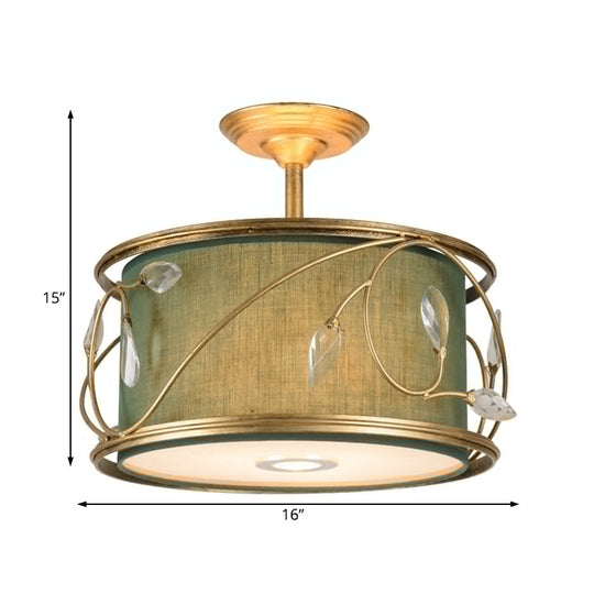 Country Style 3-Bulb Semi Flush Mount Ceiling Light in Green Fabric - 16"/19.5" Width