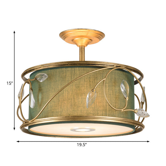 Country Style 3-Bulb Semi Flush Mount Ceiling Light in Green Fabric - 16"/19.5" Width