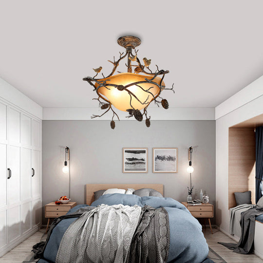 Country Bronze 3-Light Bowl Semi Flush Mount with Frosted Glass - Ideal for Bedroom Lighting