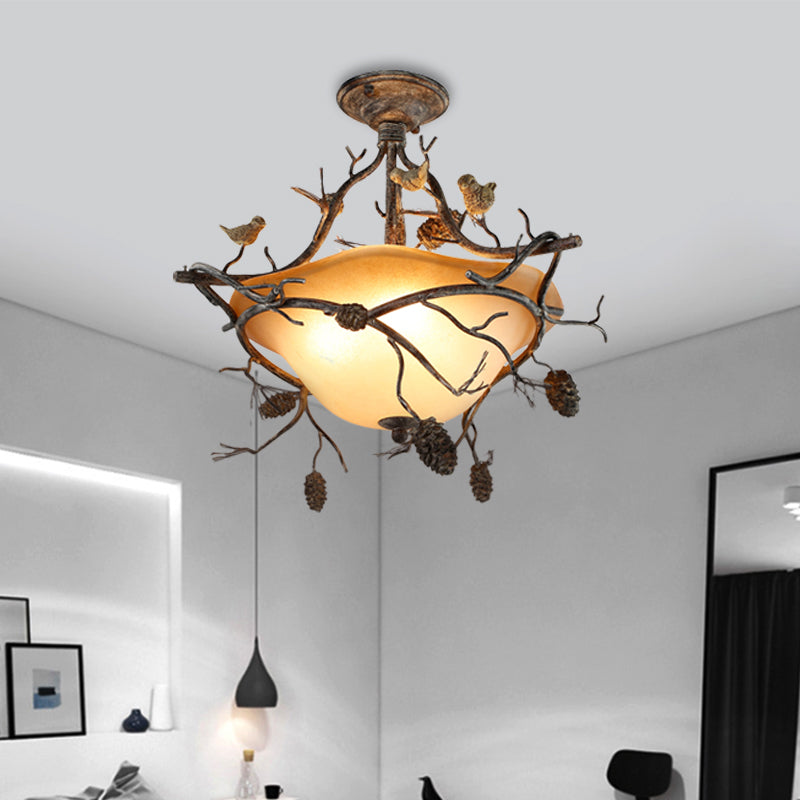 Country Bronze 3-Light Bowl Semi Flush Mount with Frosted Glass - Ideal for Bedroom Lighting