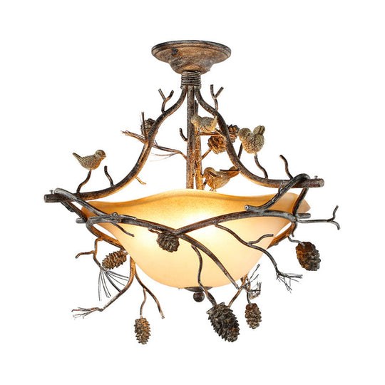 Country Bronze 3-Light Bowl Semi Flush Mount with Frosted Glass - Ideal for Bedroom Lighting