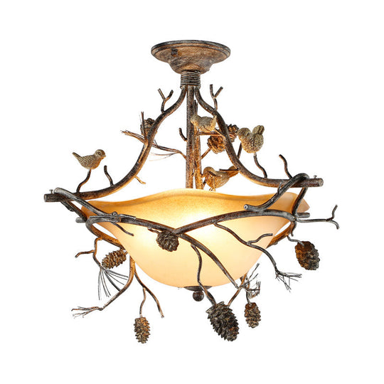 Country Bronze 3-Light Bowl Semi Flush Mount With Frosted Glass - Ideal For Bedroom Lighting