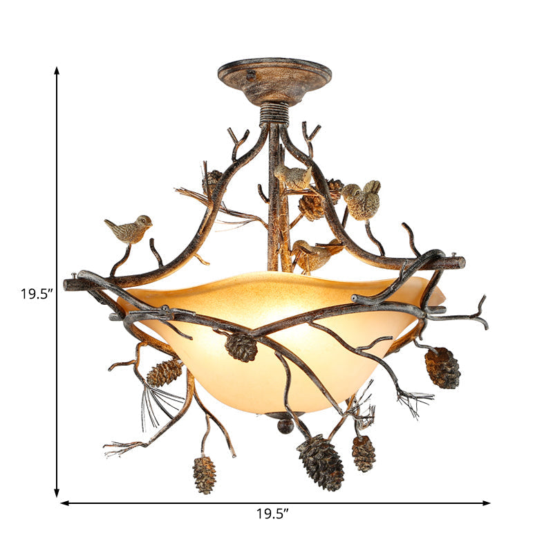 Country Bronze 3-Light Bowl Semi Flush Mount with Frosted Glass - Ideal for Bedroom Lighting