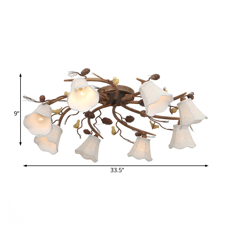 Country Scalloped White Glass Ceiling Light Fixture: 8-Light Semi-Flush Mount in Rust for Living Room