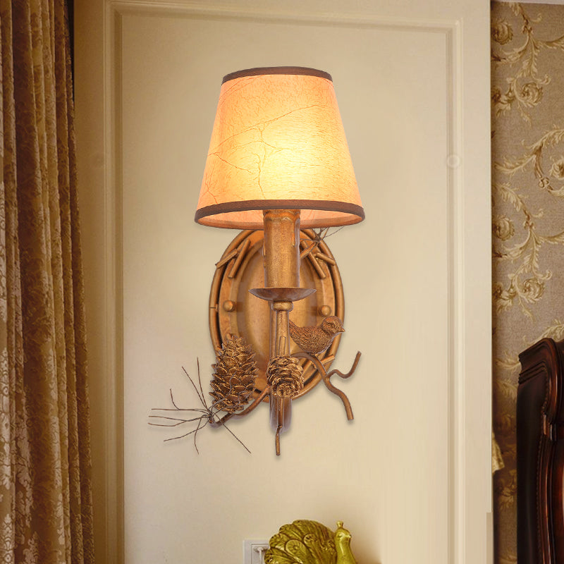 Vintage Metal Cone Sconce With Bird Accent And 1 Light In Bronze - Indoor Wall Mounted Lamp