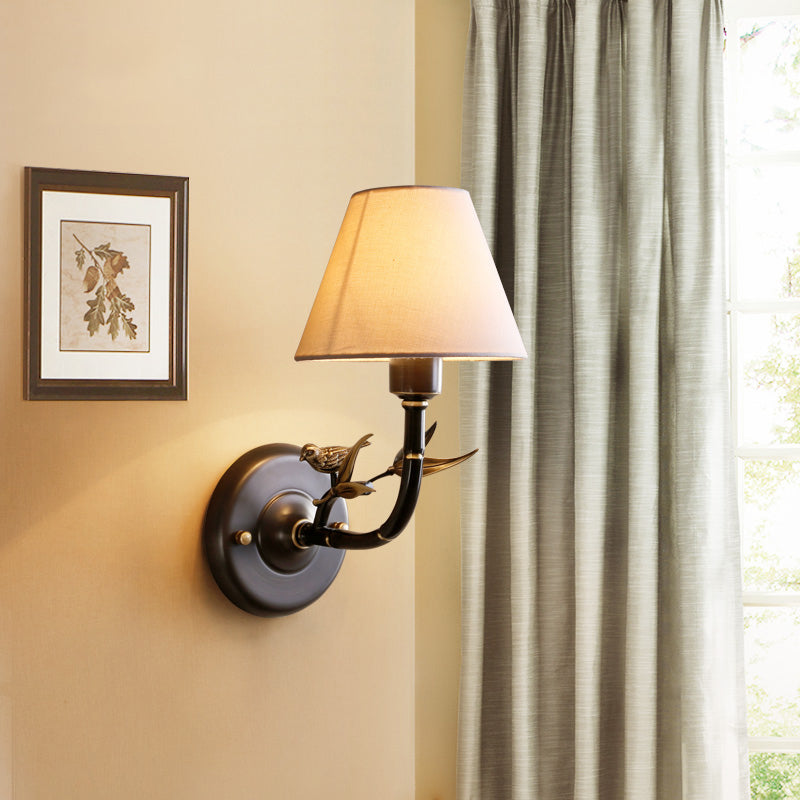 Rustic Fabric 1-Light Antique Brass Bedroom Sconce With Bird Accent