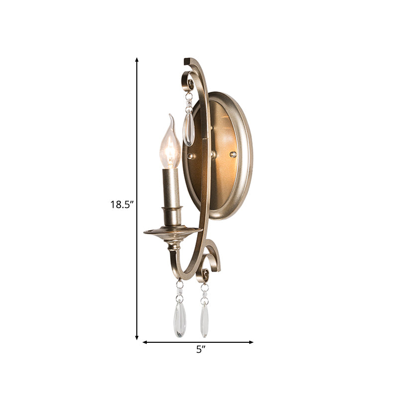 Country Curved Arm Metal Wall Sconce Light Fixture With Crystal Decoration In Champagne Finish