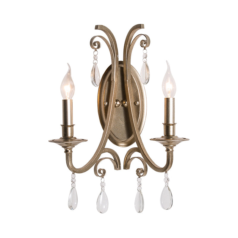 Country Curved Arm Metal Wall Sconce Light Fixture With Crystal Decoration In Champagne Finish