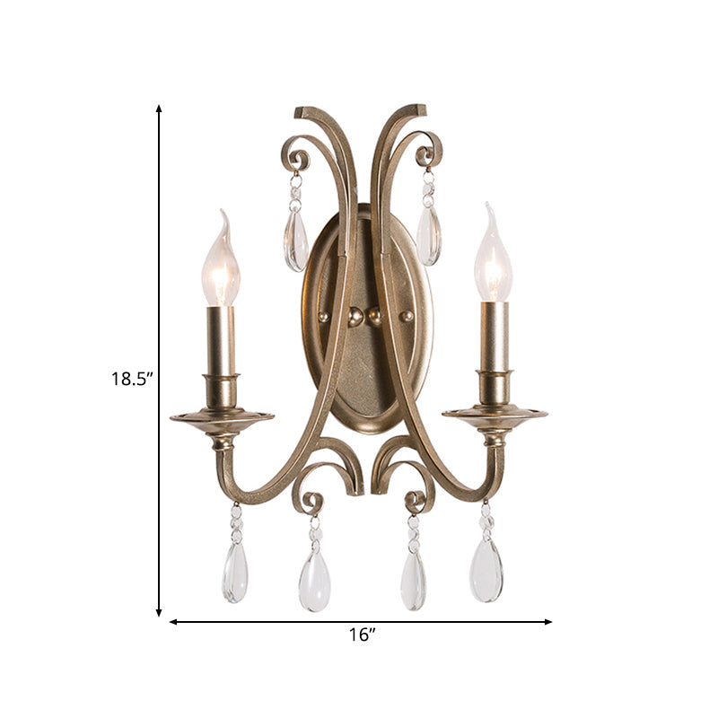 Country Curved Arm Metal Wall Sconce Light Fixture With Crystal Decoration In Champagne Finish