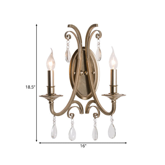 Country Curved Arm Metal Wall Sconce Light Fixture With Crystal Decoration In Champagne Finish