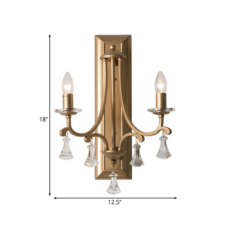 Rustic 2-Bulb Metal Wall Lamp In Gold With Clear Crystal Drop - Elegant Candle Sconce Light