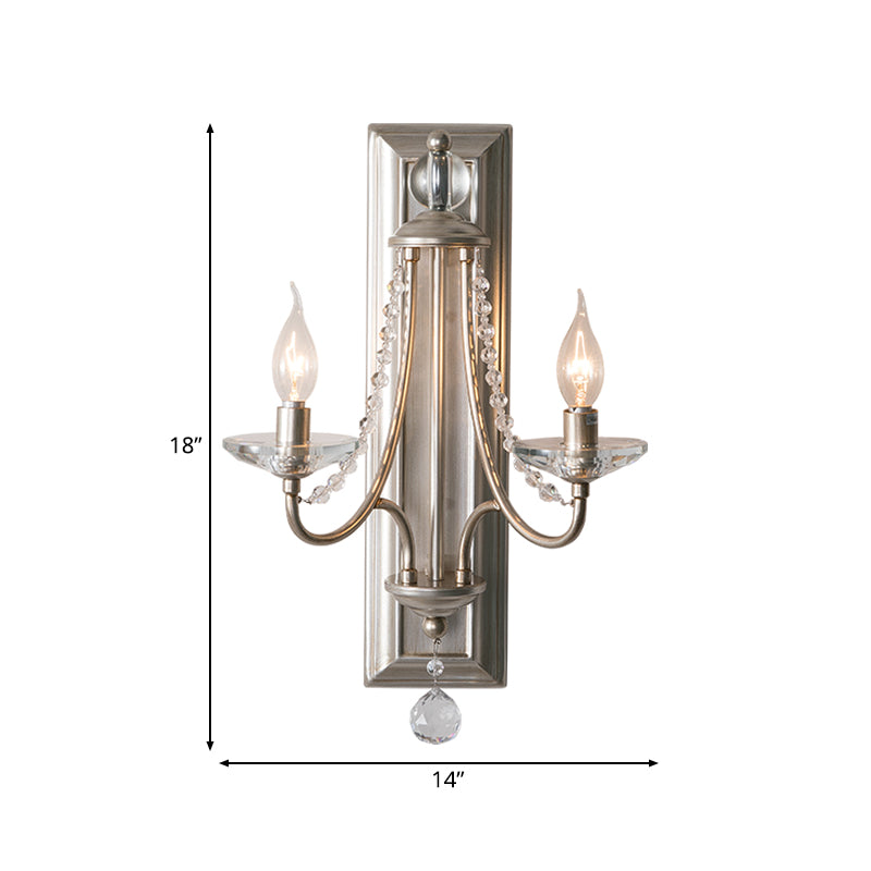 Rustic Metal Wall Sconce Lamp With Silver/Gold Finish Clear Crystal Drop And 2 Lights For Indoor