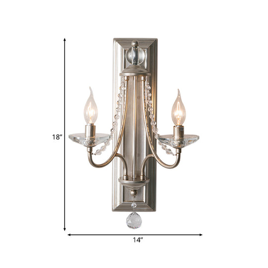 Rustic Metal Wall Sconce Lamp With Silver/Gold Finish Clear Crystal Drop And 2 Lights For Indoor