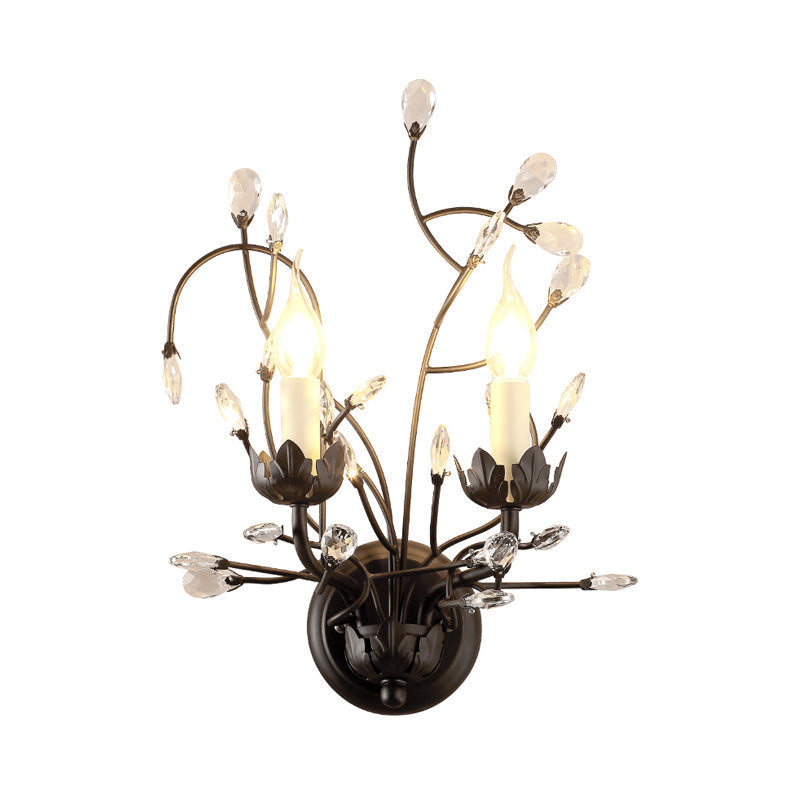 Rustic Metal Candle Wall Sconce With Crystal Décor - 2-Light Black Fixture For Bedroom Lighting