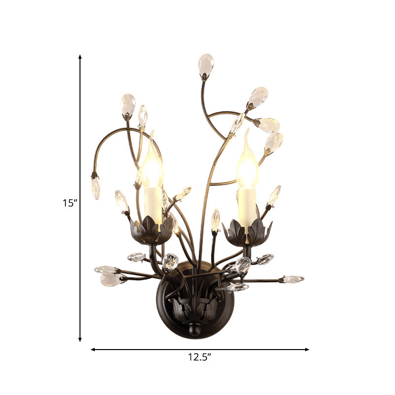 Rustic Metal Candle Wall Sconce With Crystal Décor - 2-Light Black Fixture For Bedroom Lighting