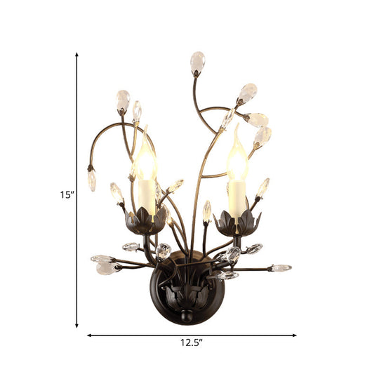 Rustic Metal Candle Wall Sconce With Crystal Décor - 2-Light Black Fixture For Bedroom Lighting