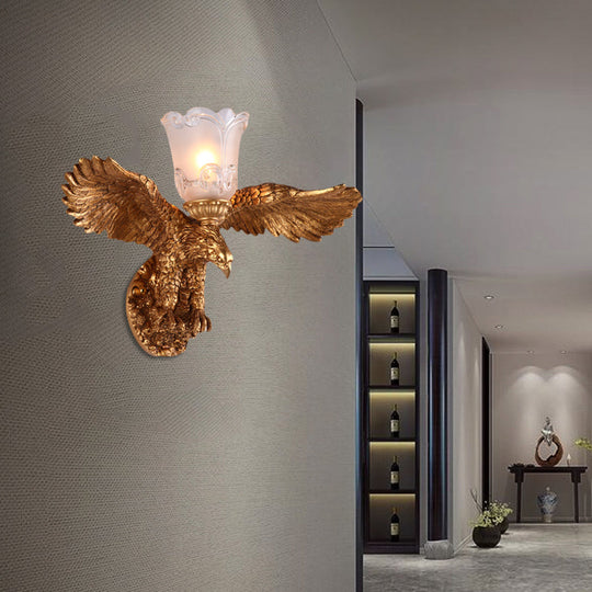 Rustic Bronze Eagle Indoor Wall Lamp With Flared Frosted Glass Shade - 1-Light Metal Sconce Fixture