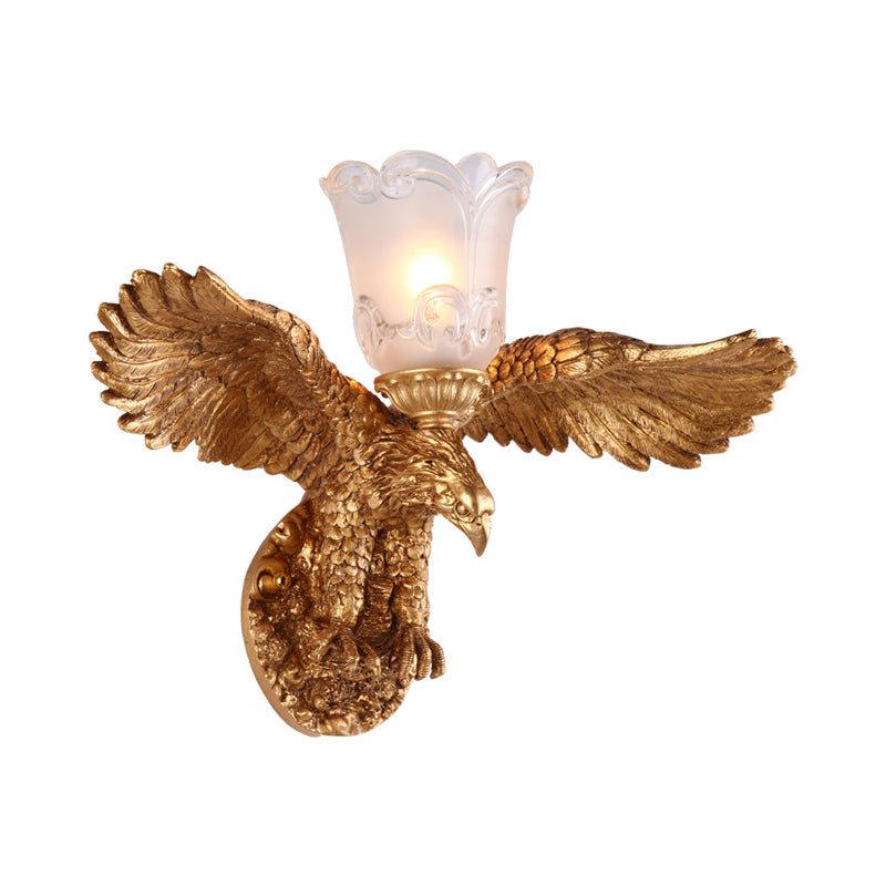 Rustic Bronze Eagle Indoor Wall Lamp With Flared Frosted Glass Shade - 1-Light Metal Sconce Fixture