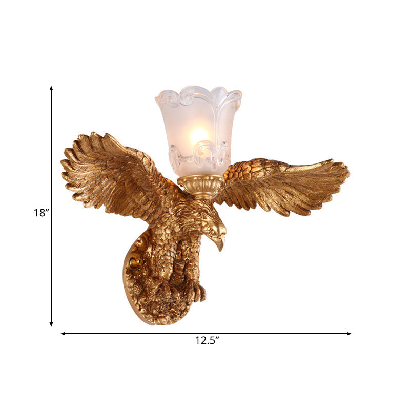 Rustic Bronze Eagle Indoor Wall Lamp With Flared Frosted Glass Shade - 1-Light Metal Sconce Fixture