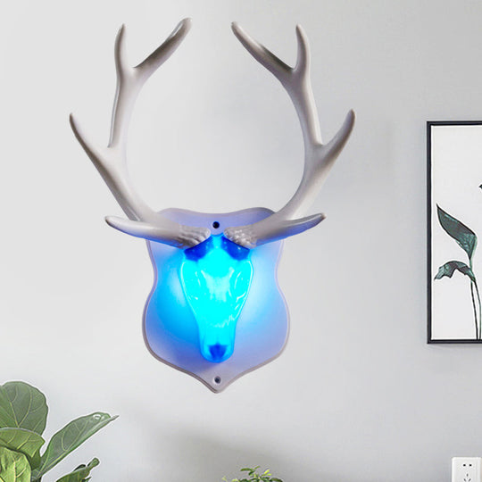 Rustic Resin Deer Led Wall Sconce In White/Blue With Black/White Mounting - Perfect For Living Room