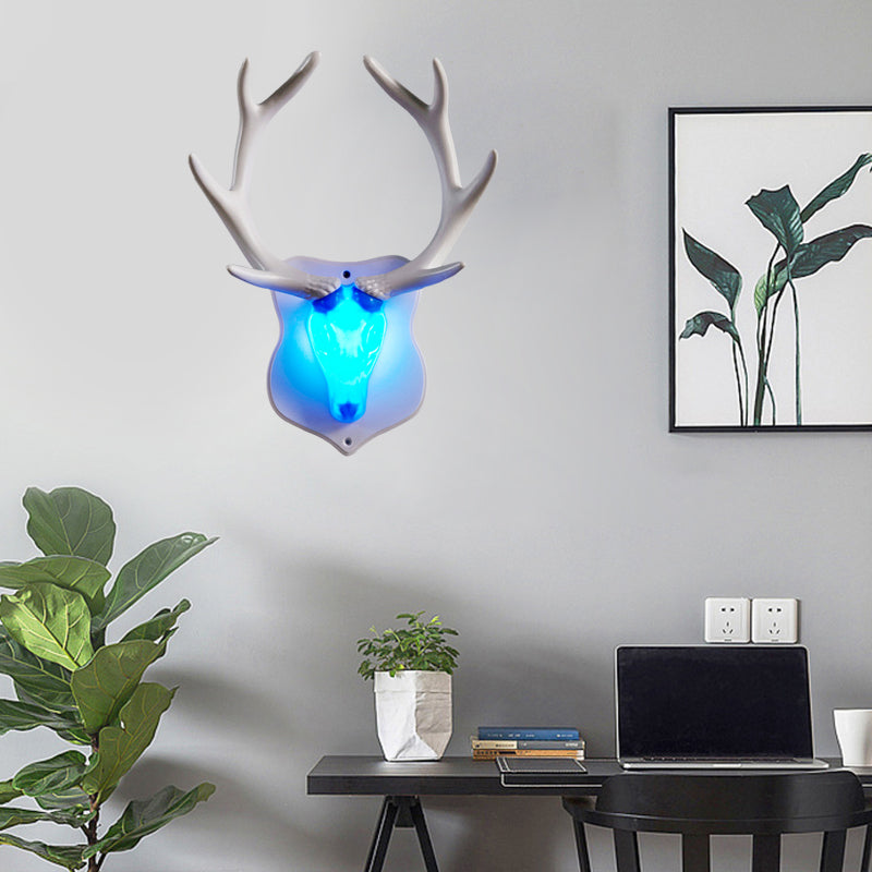 Rustic Resin Deer Led Wall Sconce In White/Blue With Black/White Mounting - Perfect For Living Room