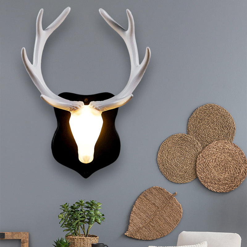 Country White/Blue Led Deer Wall Lamp: Rustic Resin Sconce Light For Living Room With Antler Design