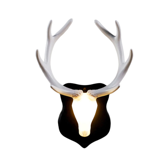 Country White/Blue Led Deer Wall Lamp: Rustic Resin Sconce Light For Living Room With Antler Design