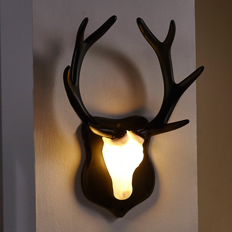 Country White/Blue Led Deer Wall Lamp: Rustic Resin Sconce Light For Living Room With Antler Design