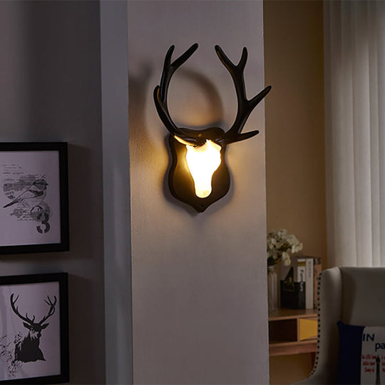 Country White/Blue Led Deer Wall Lamp: Rustic Resin Sconce Light For Living Room With Antler Design