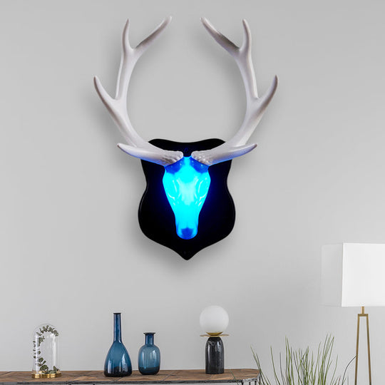 Country White/Blue Led Deer Wall Lamp: Rustic Resin Sconce Light For Living Room With Antler Design