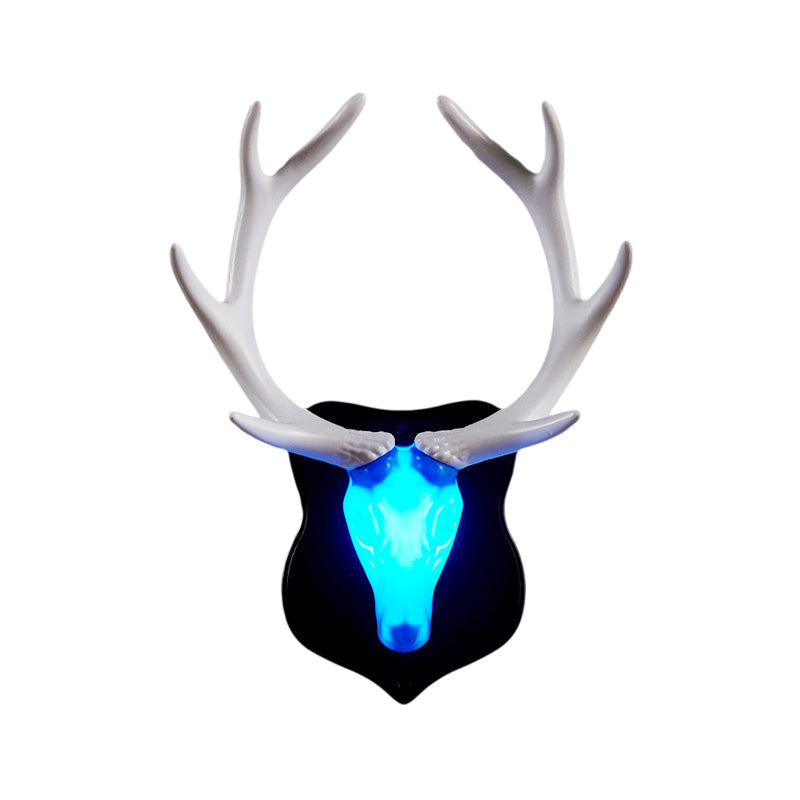 Country White/Blue Led Deer Wall Lamp: Rustic Resin Sconce Light For Living Room With Antler Design