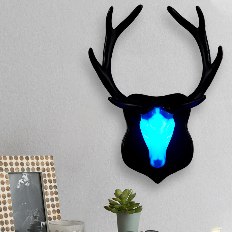 Country White/Blue Led Deer Wall Lamp: Rustic Resin Sconce Light For Living Room With Antler Design