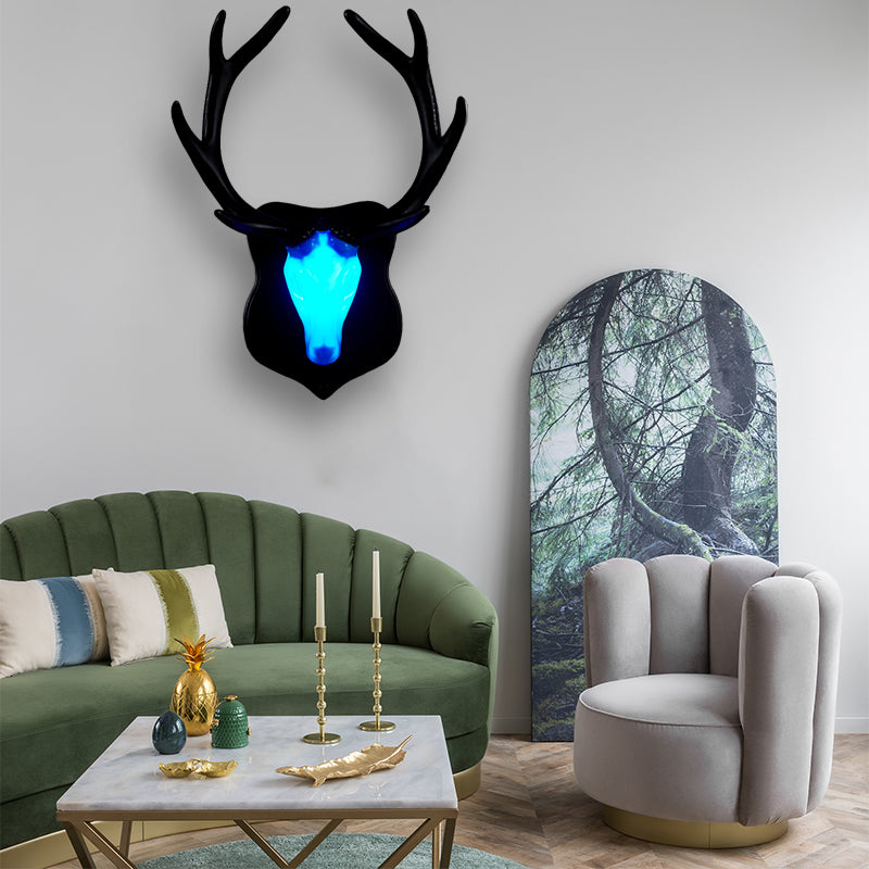 Country White/Blue Led Deer Wall Lamp: Rustic Resin Sconce Light For Living Room With Antler Design