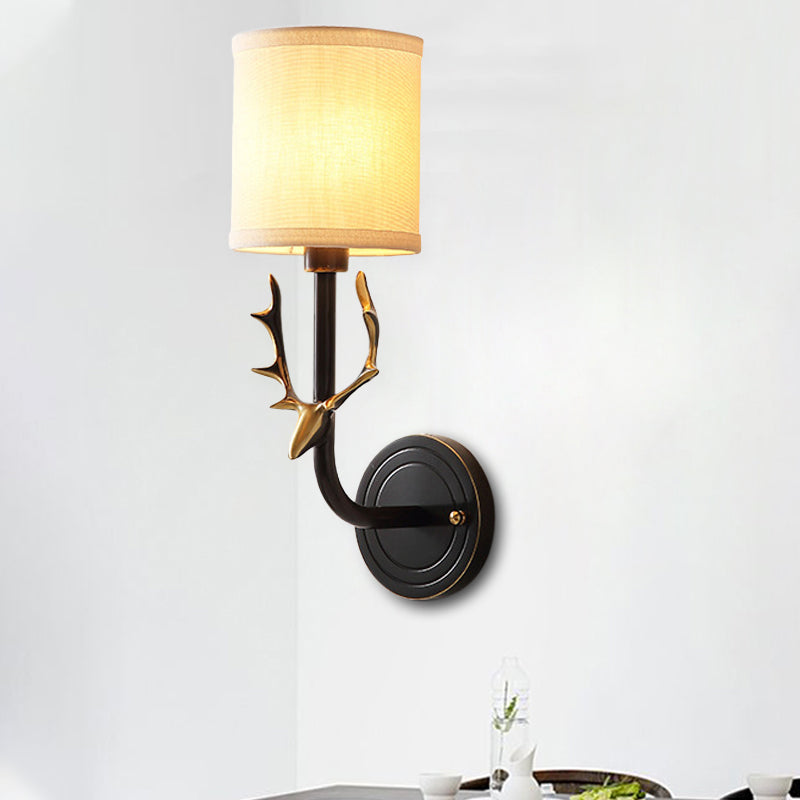 Metal Elk Sconce Lighting - Rustic Wall Mounted Lamp In Black/Gold With Fabric Shade