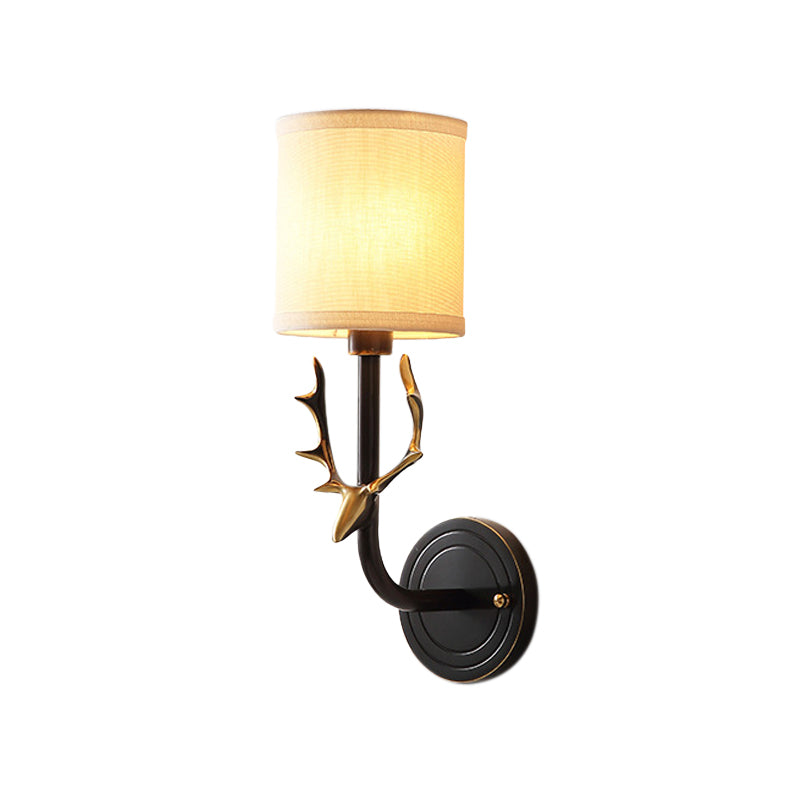 Metal Elk Sconce Lighting - Rustic Wall Mounted Lamp In Black/Gold With Fabric Shade 1 / Black