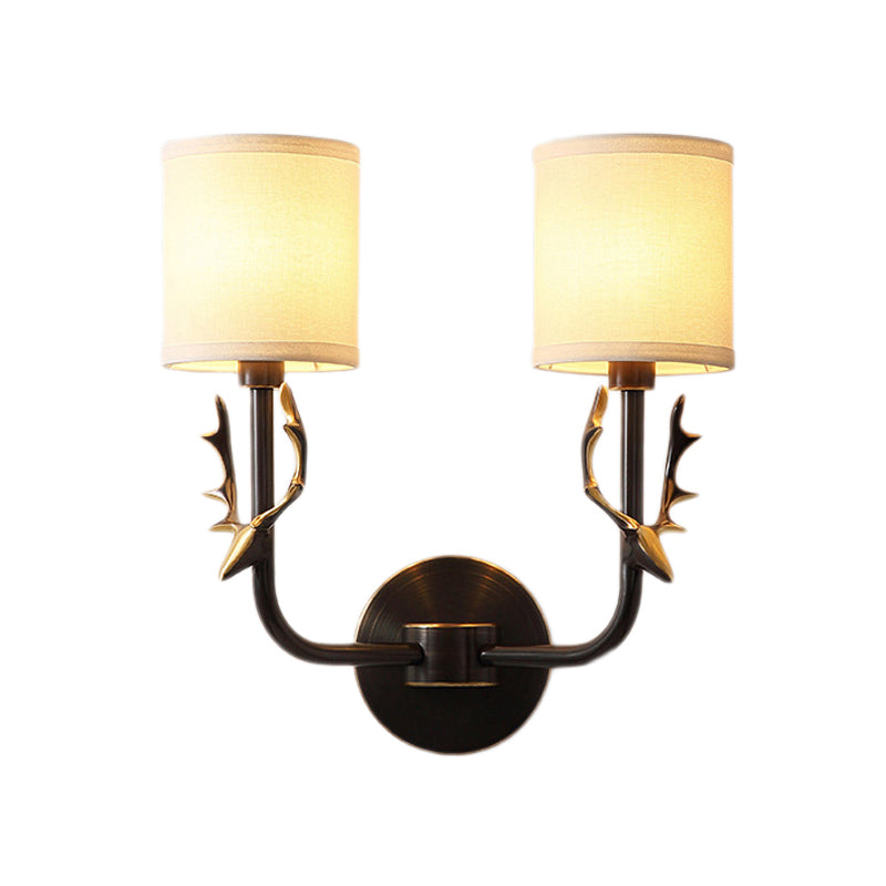 Metal Elk Sconce Lighting - Rustic Wall Mounted Lamp In Black/Gold With Fabric Shade