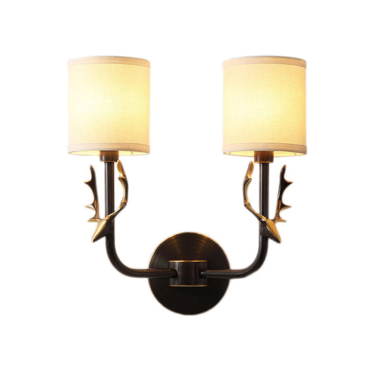 Metal Elk Sconce Lighting - Rustic Wall Mounted Lamp In Black/Gold With Fabric Shade