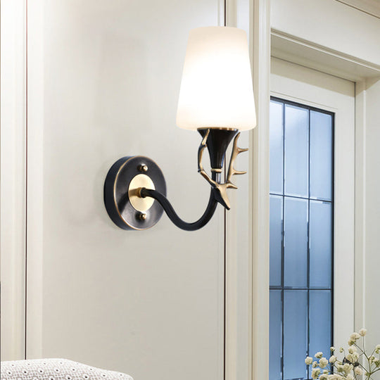 Rustic Metal Curved Arm Wall Sconce Light With Tapered Frosted Glass Shade - Black/Gold Finish For