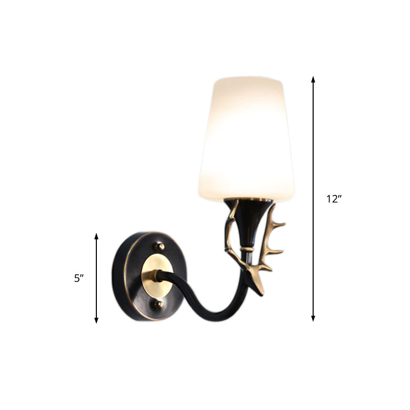 Rustic Metal Curved Arm Wall Sconce Light With Tapered Frosted Glass Shade - Black/Gold Finish For