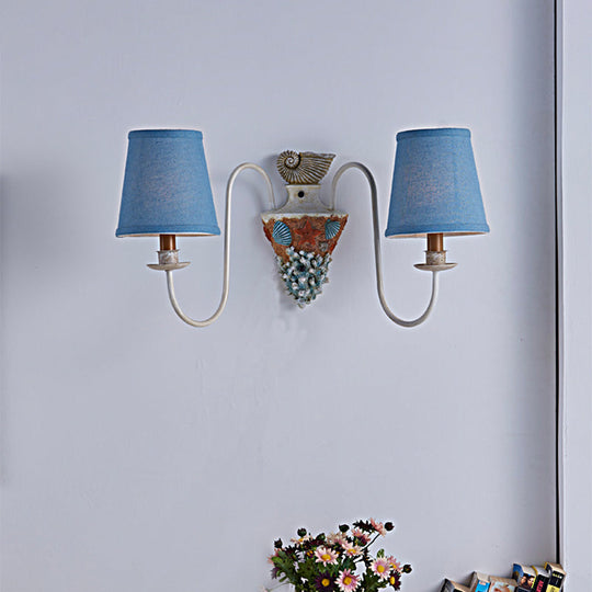 Country Blue Curved Arm Indoor Sconce Light With Tapered Fabric Shade - 2-Bulb Metal Wall Lighting