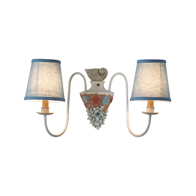 Country Blue Curved Arm Indoor Sconce Light With Tapered Fabric Shade - 2-Bulb Metal Wall Lighting