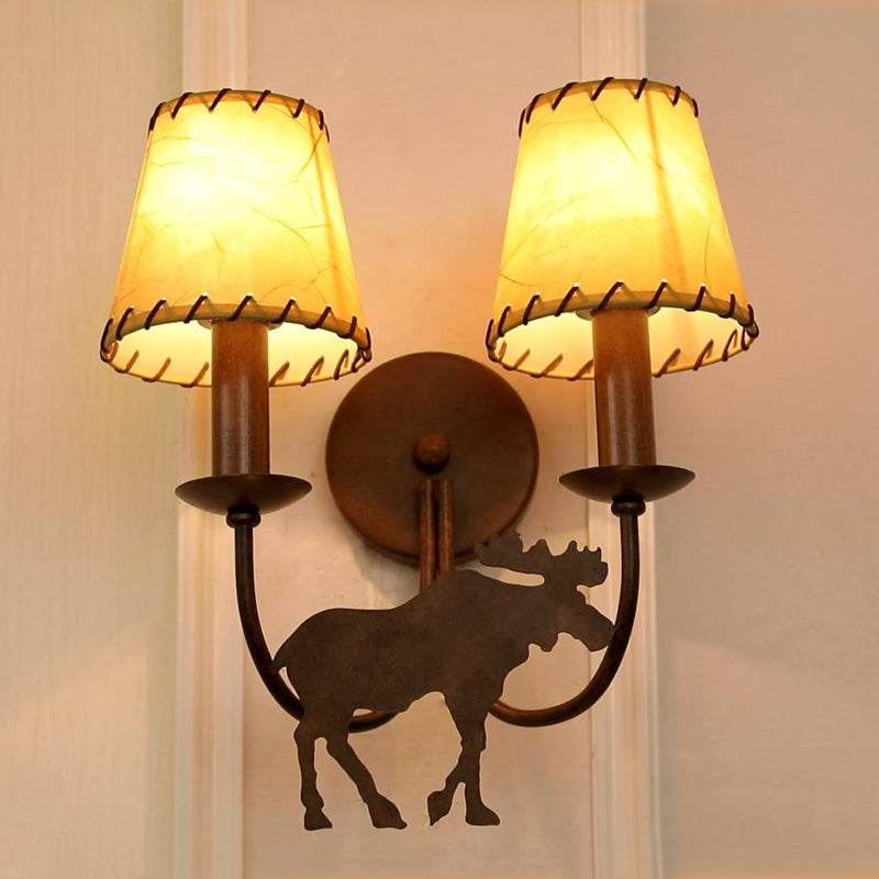 Rustic Deer-Themed Metal Sconce Lighting: Tapered 2-Light Wall Mounted Lamp For Living Room