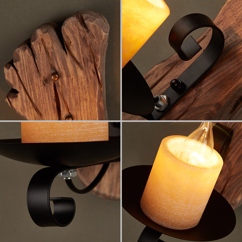 Country Chic Wall Sconce With Marble Candle & Wooden Backplate In Black