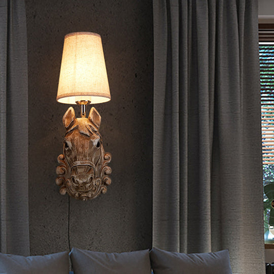 Horse Sconce Lamp: Resin Wall Mounted Light With Tapered Fabric Shade - Brown