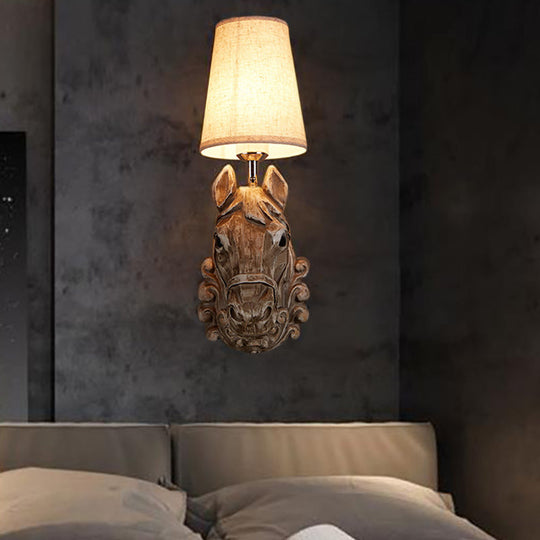 Horse Sconce Lamp: Resin Wall Mounted Light With Tapered Fabric Shade - Brown