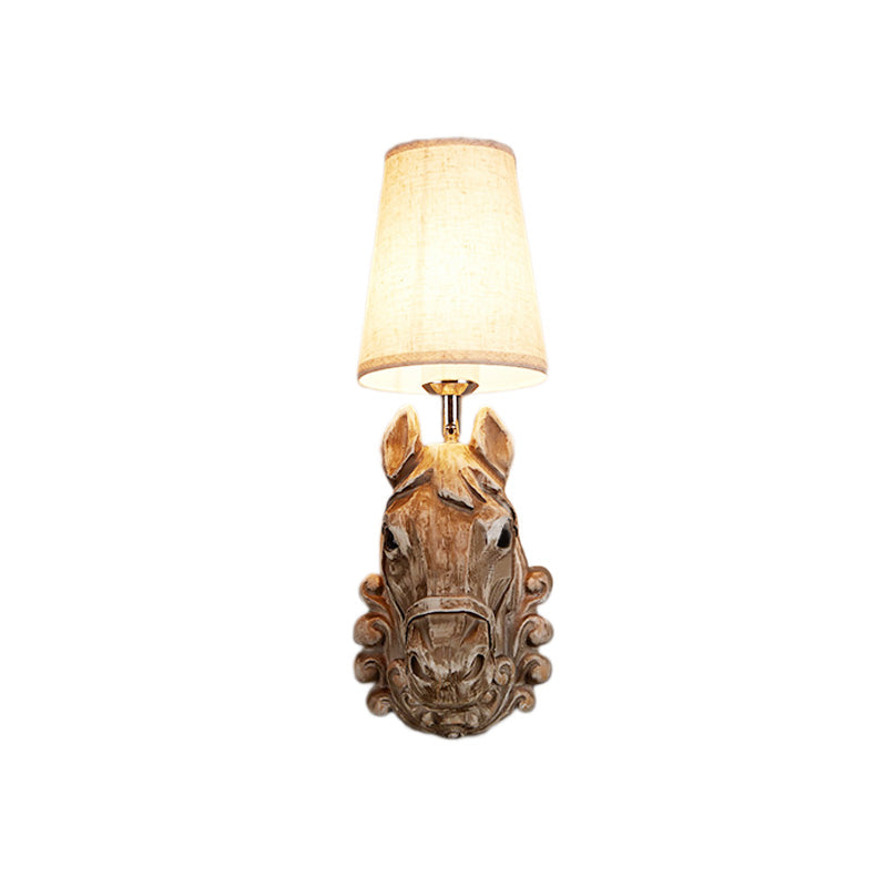 Horse Sconce Lamp: Resin Wall Mounted Light With Tapered Fabric Shade - Brown