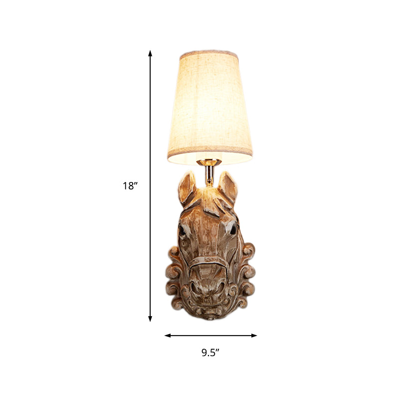 Horse Sconce Lamp: Resin Wall Mounted Light With Tapered Fabric Shade - Brown