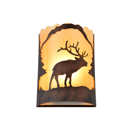 Metal Rust Wall Sconce Lamp With Fabric Shade - 1-Light Half Cylinder Design Country Style Mounted